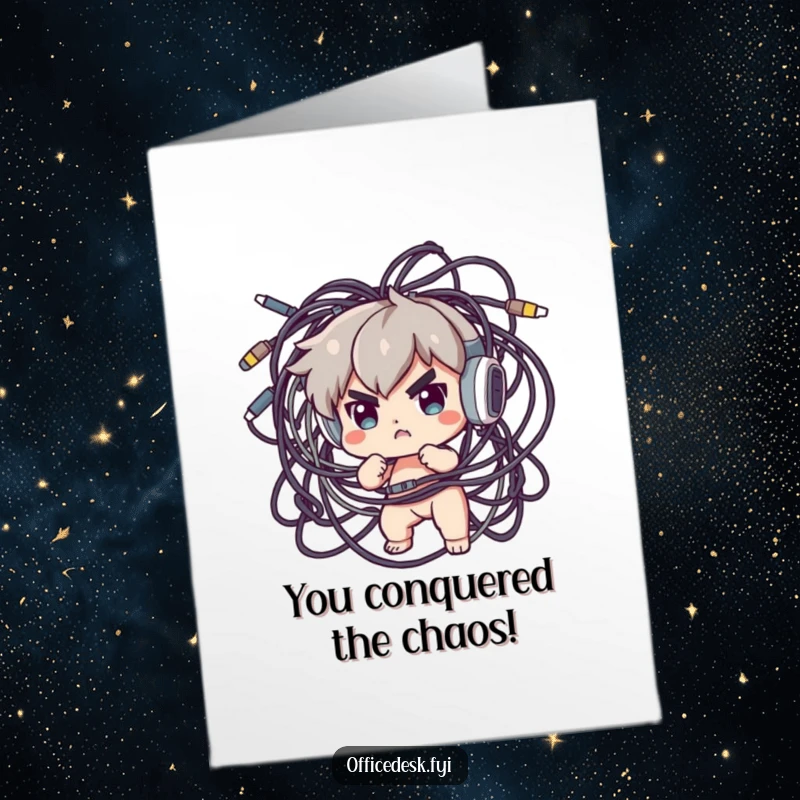 Funny Free Printable congratulations card: a triumphant character finally untangling a massive, messy knot of computer cables.