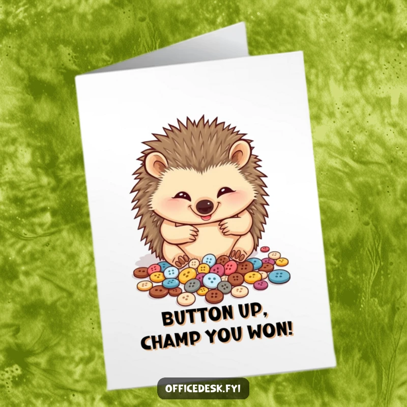Funny free printable congratulations card showing a meticulous hedgehog sorting a large pile of tiny buttons with pride.