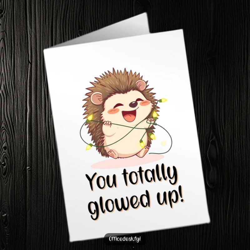 Funny Free Printable Congratulations Card: An excited hedgehog is hilariously wrapped in twinkling fairy lights, symbolizing a dazzling achievement.