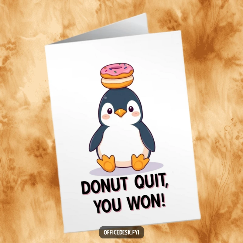 Funny Free Printable Congrats Card: A plump penguin precariously balances donuts on its head, celebrating success with sugary humor.