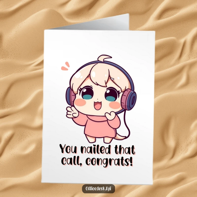 Funny Free Printable Congratulations Card: Playful Character with Headset Enthusiastically Gesturing During Video Call