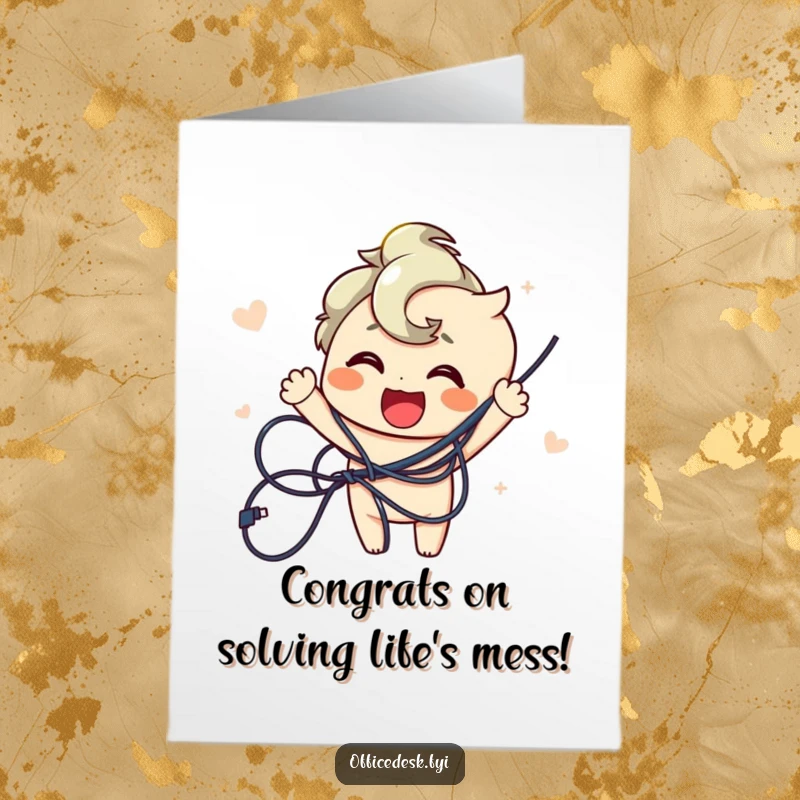 Funny Free Printable Congratulations Card: Pleased Character Successfully Untangling a Huge Mess of Wires