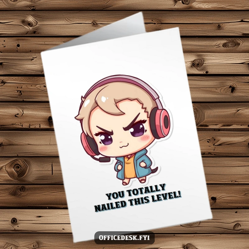 Funny Free Printable Congratulations Card: Cute character smirking proudly with oversized gaming headset.