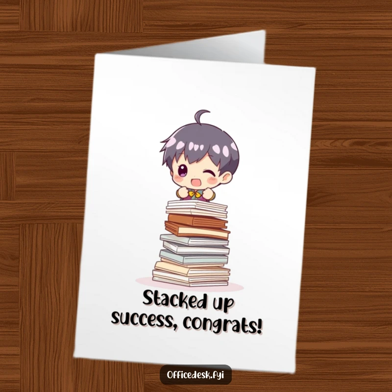 Funny Free Printable Congrats Card showing a tiny character drowning in a teetering tower of office papers.