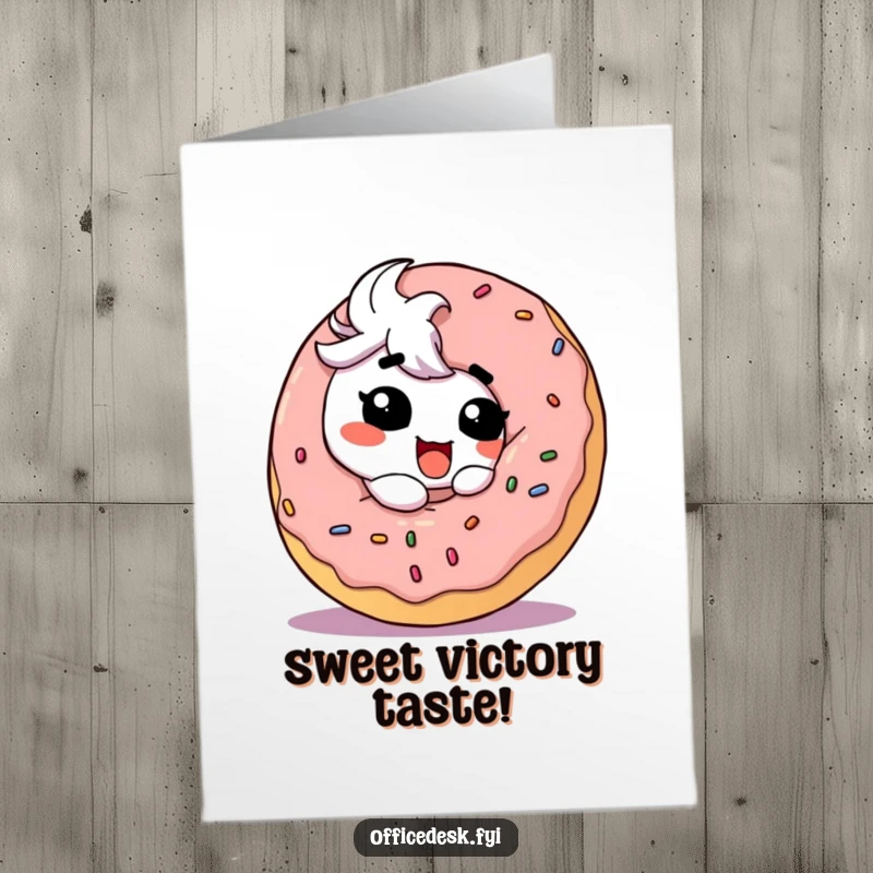 Funny Free Printable congratulations card: a happy character joyfully holding and about to eat a very large, delicious-looking frosted donut.