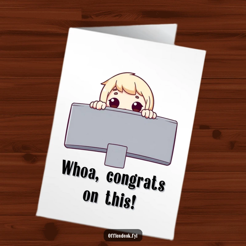 Funny Free Printable Congratulations Card: Surprised Character Peeking Over a Giant Monitor with Awe