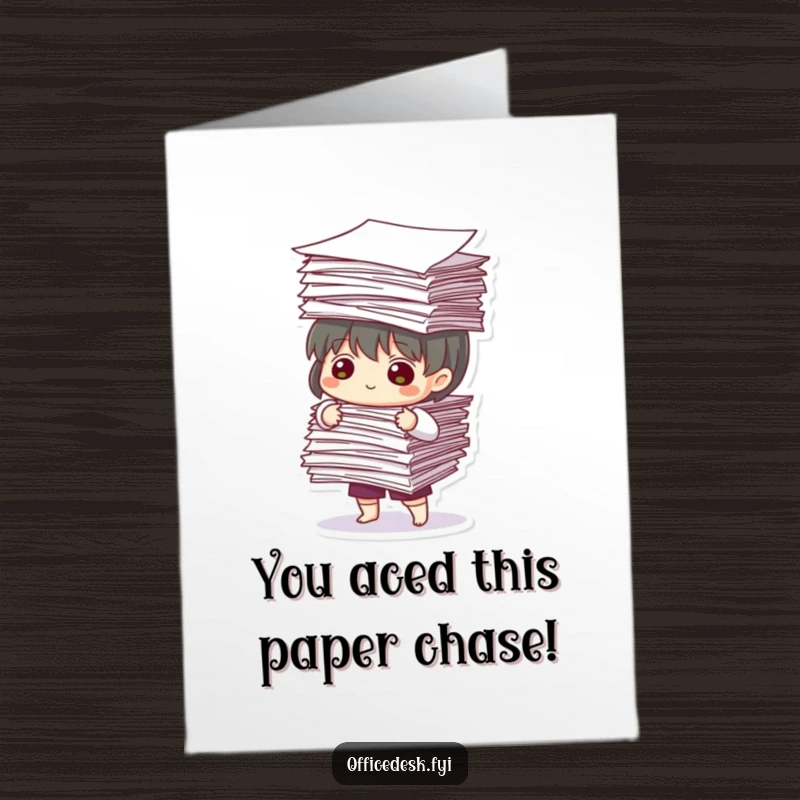 Free Printable Congratulations Card: A character precariously balances a massive stack of documents, looking stressed but determined.