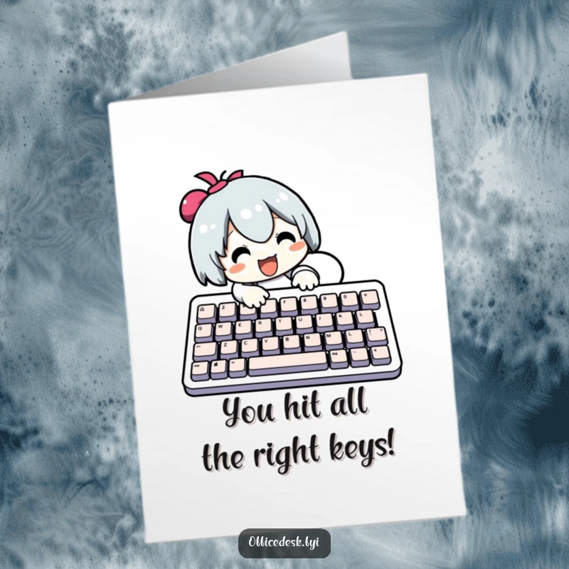 Funny free printable congratulations card showing a character triumphantly typing on a massive keyboard, celebrating success.