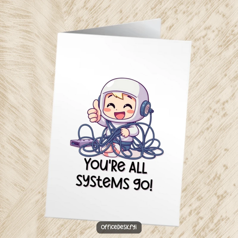 Funny free printable congratulations card: Character giving a thumbs up, wrapped in computer cables, celebrating victory.