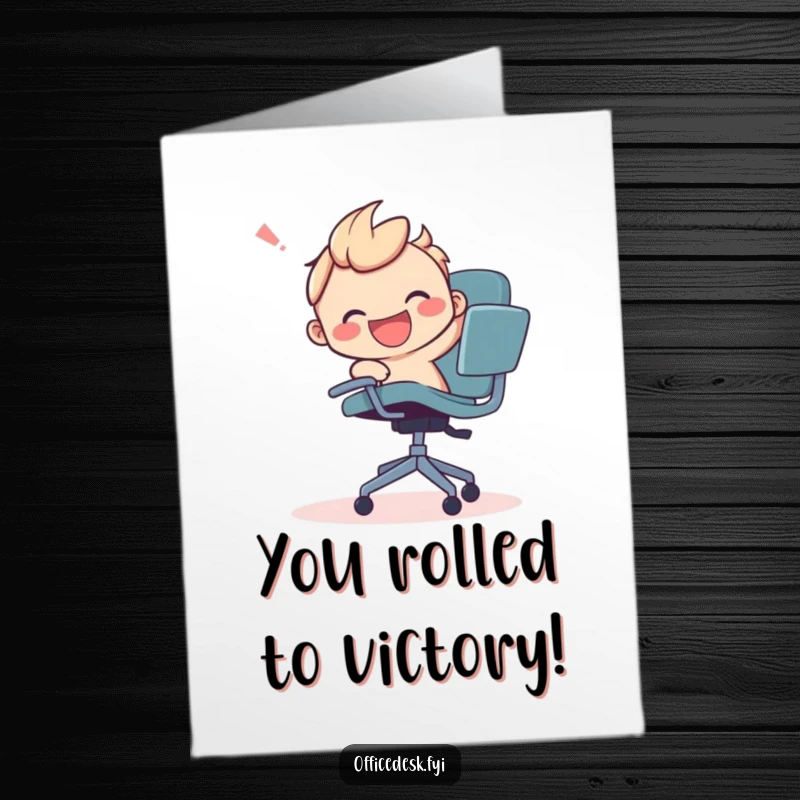 Funny Free Printable Congratulations Card, a character chases a runaway office chair, celebrating success.