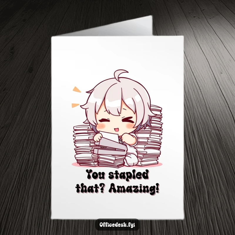 Funny Free Printable Congrats Card showing a character confidently winking while stapling a mountain of papers.