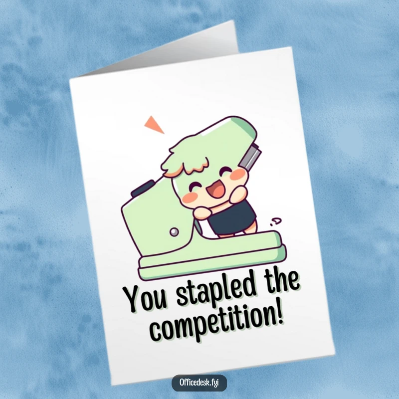 Funny Free Printable Congratulations Card, a character excitedly uses a giant stapler, celebrating a big win.