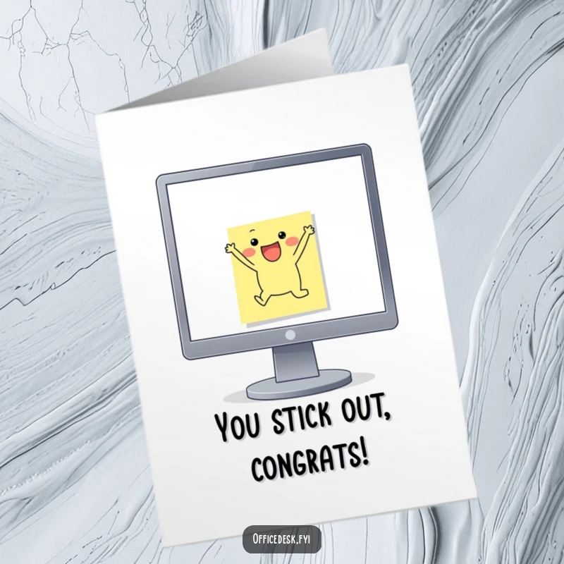 Funny Free Printable Congrats Card: Excited sticky note character leaping off a screen edge, a fun and dynamic congratulatory greeting.