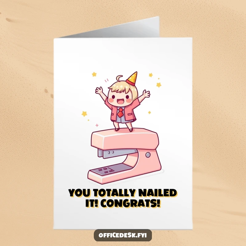 Funny Free Printable Congrats Card: Ecstatic character dancing on a stapler, celebrating success with office humor, a downloadable greeting.