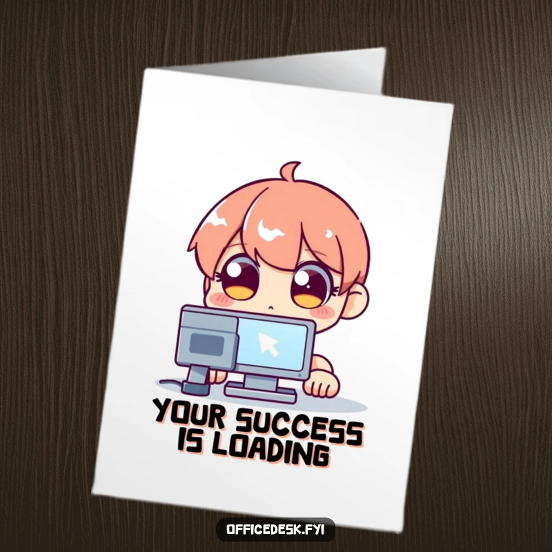 Funny Free Printable Congrats Card showing a wide-eyed character staring intently at a blinking computer cursor, symbolizing intense focus.