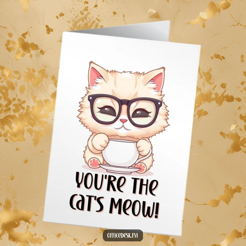 Funny Free Printable Thank You Card: Cat with glasses polishing teacup, expressing thanks, downloadable art.
