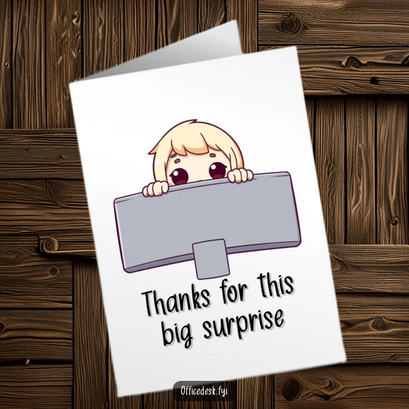 Funny Free Printable Thank You Card: Surprised Character Peeking Over Giant Monitor with Wonder