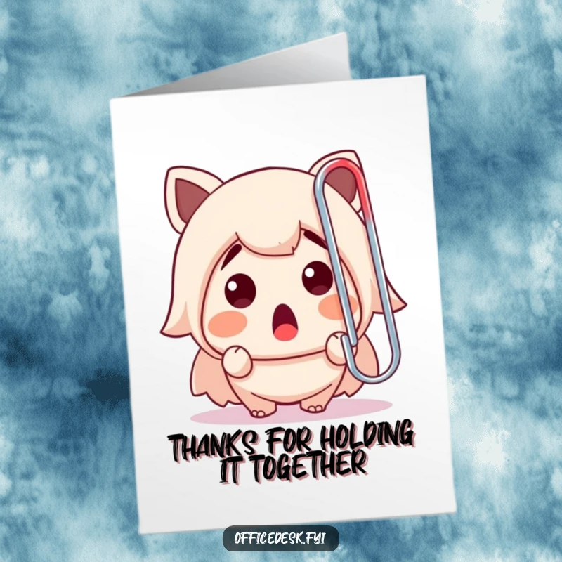 Funny Free Printable Thank You Card: Character gasps at a huge paperclip, a humorous way to say thanks.