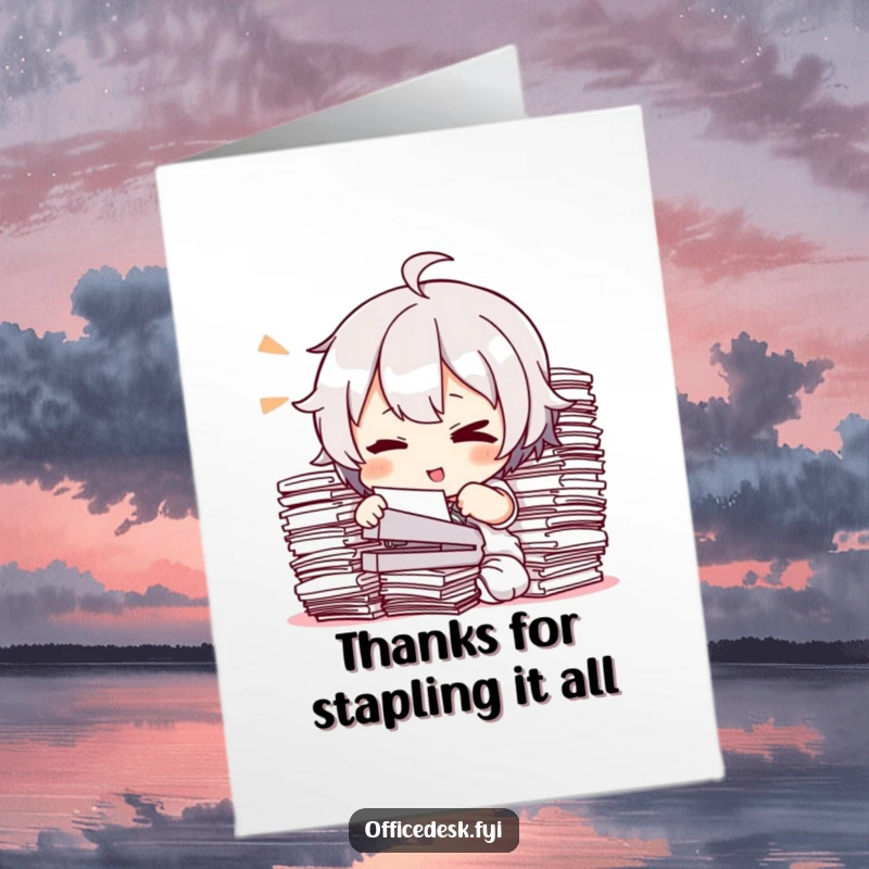 Funny Free Printable Thank You Card with a character winking as they attempt to staple a massive stack of paperwork.