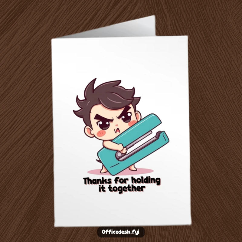 Funny Free Printable Thank You Card: Cute character with a determined face wrestles a giant stapler, expressing thanks.