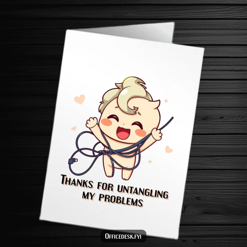 Funny Free Printable Thank You Card: Joyful Character Untangling a Complex Mess of Wires