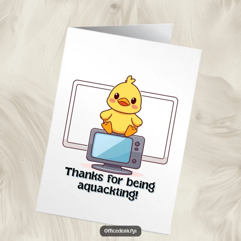 Funny Free Printable Thank You Card: A small rubber duck sitting on a computer monitor, looking thoroughly amused by something unseen.