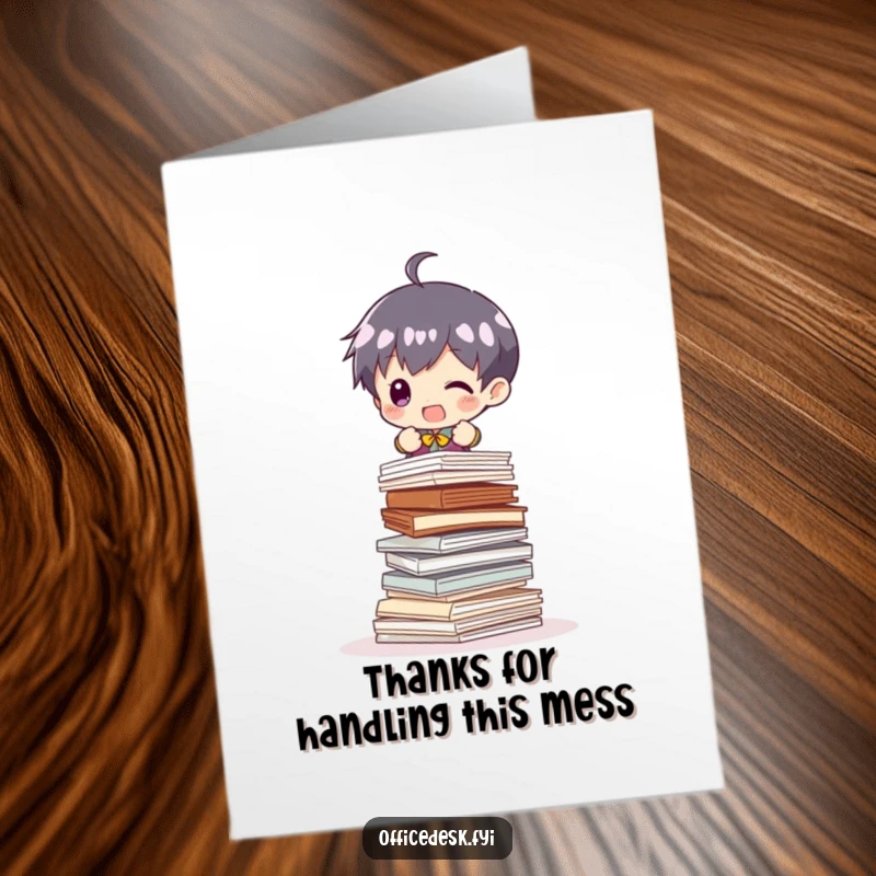Funny Free Printable Thank You Card depicting a minuscule character barely holding up an avalanche of documents.