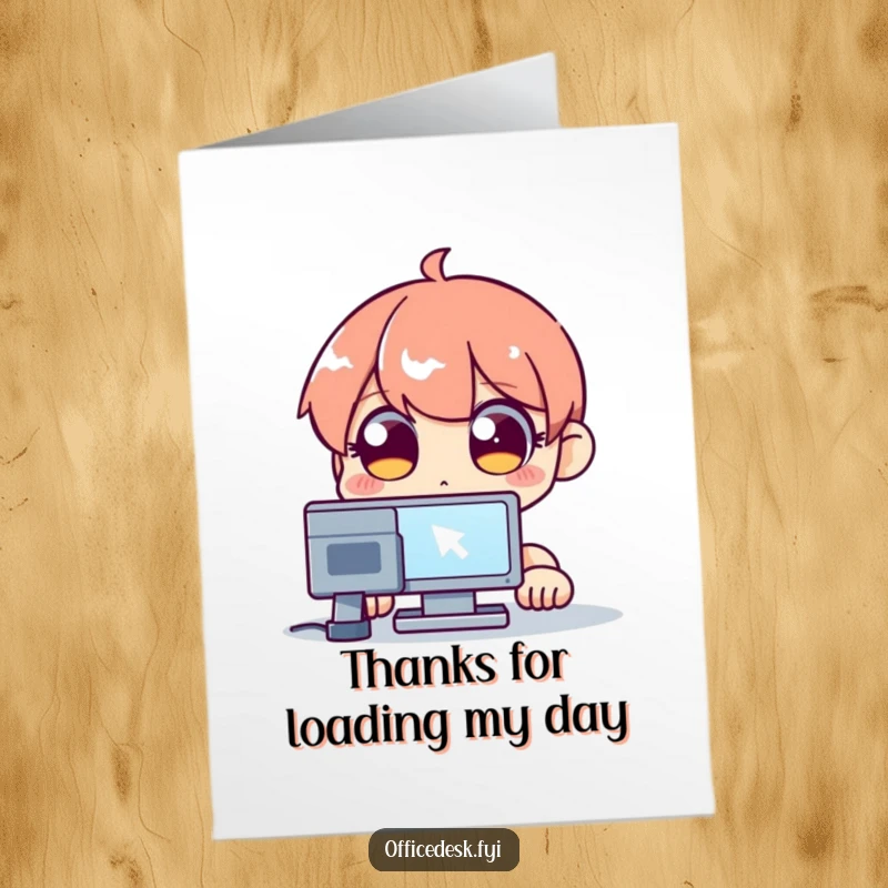 Funny Free Printable Thank You Card featuring a wide-eyed character transfixed by a blinking computer cursor, a nod to digital assistance.