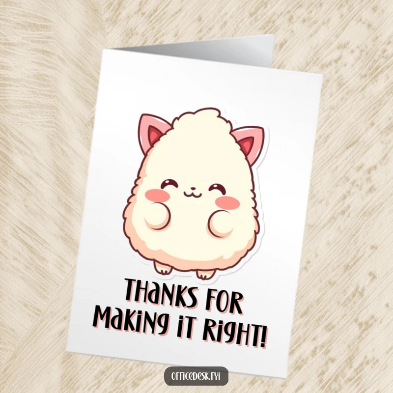 Funny free printable thank you card: a fluffy eraser character with rosy cheeks blushes, conveying thanks.