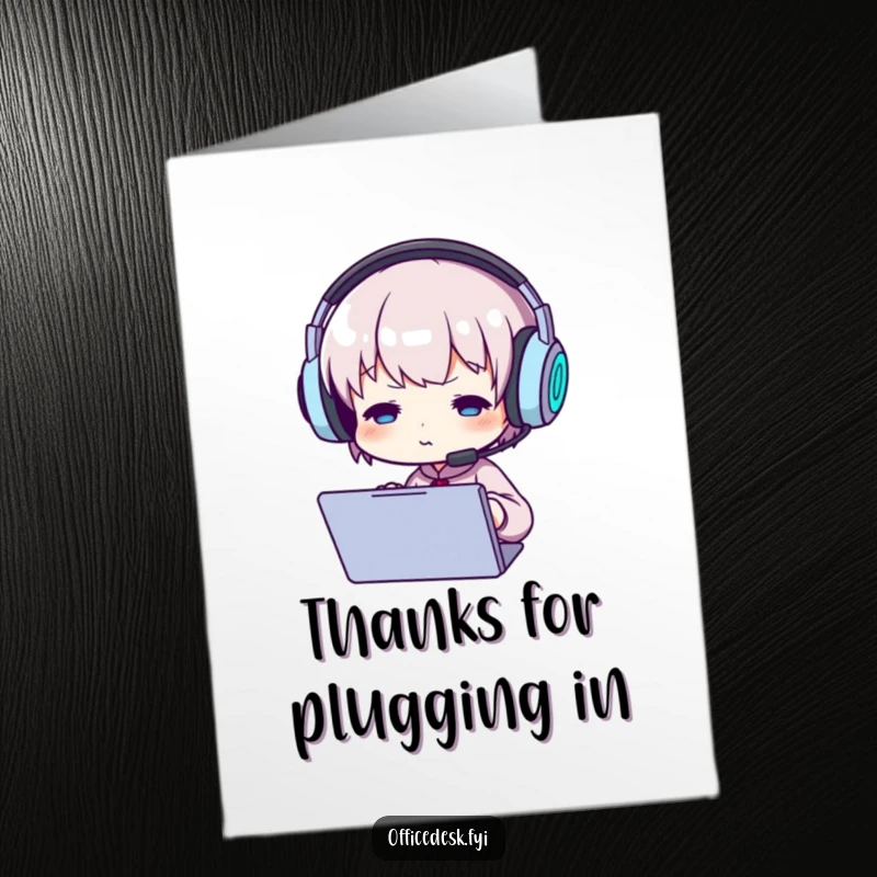 Funny Free Printable Thank You Card: Small character wears oversized headphones, engrossed in a screen with a thankful demeanor.