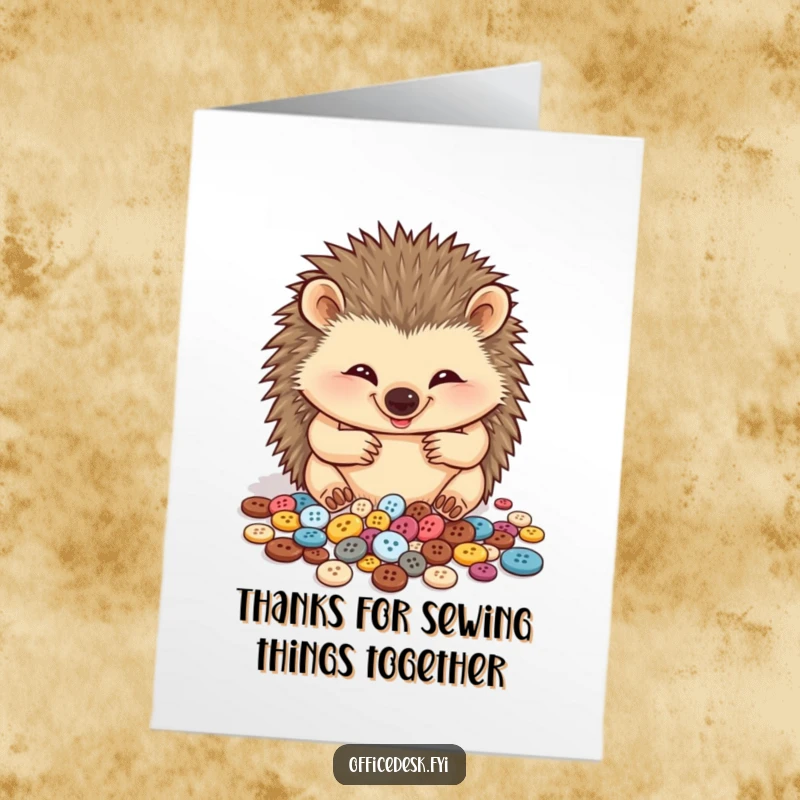 Funny free printable thank you card with a cute hedgehog meticulously arranging its beloved collection of small buttons.