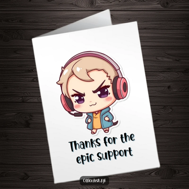 Funny Free Printable Thank You Card: Mischievous character with a huge headset saying thanks.