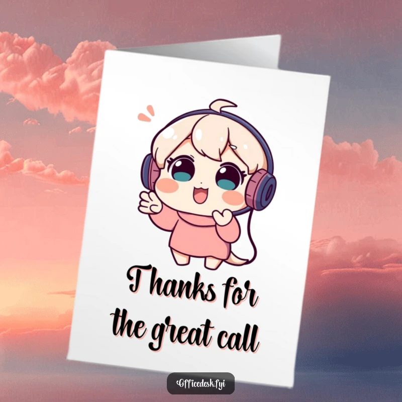 Funny Free Printable Thank You Card: Playful Character in Headset Gesturing Enthusiastically on Video Call