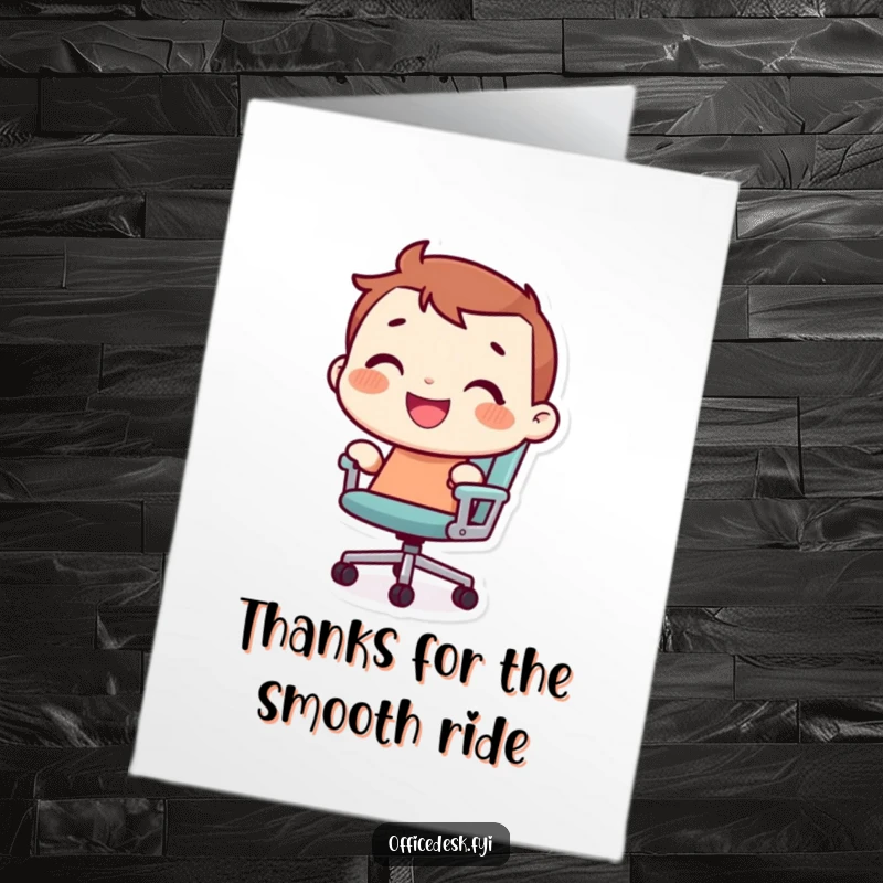 Funny Free Printable Thank You Card: Tiny character with a joyful grin rides a rolling office chair, expressing thanks.