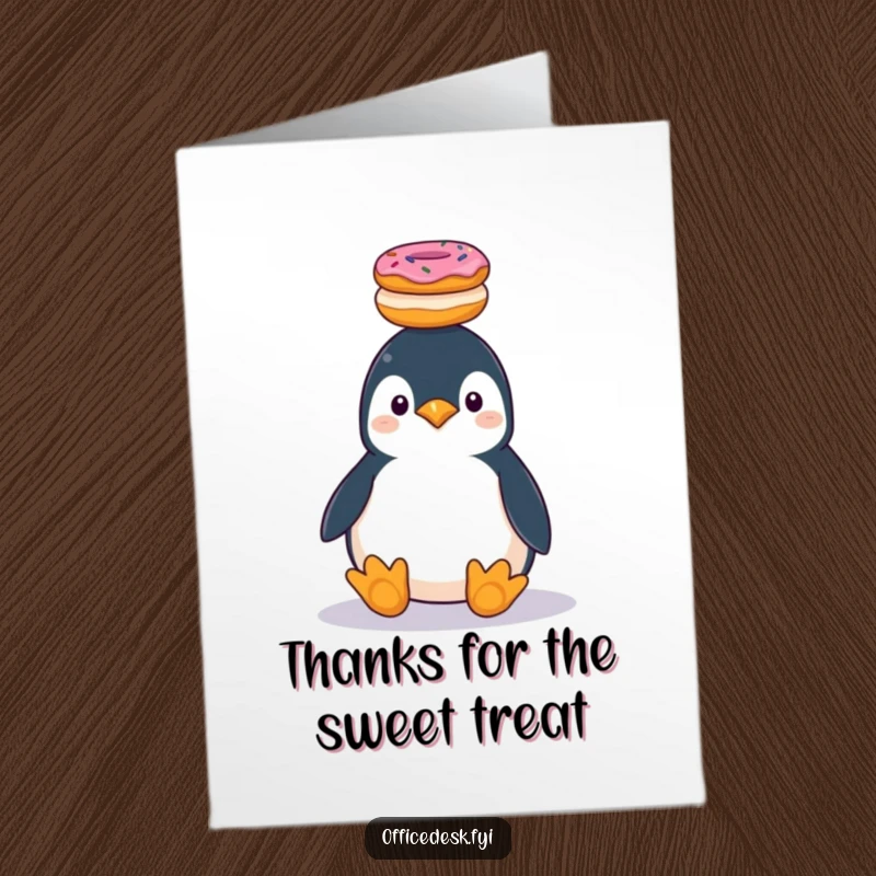 Funny Free Printable Thank You Card: A plump penguin balances a stack of donuts on its head, comically conveying thanks.