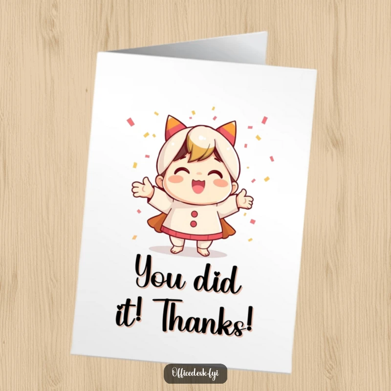 Funny Free Printable Thank You Card: Ecstatic character showering confetti, expressing thanks with enthusiastic joy.