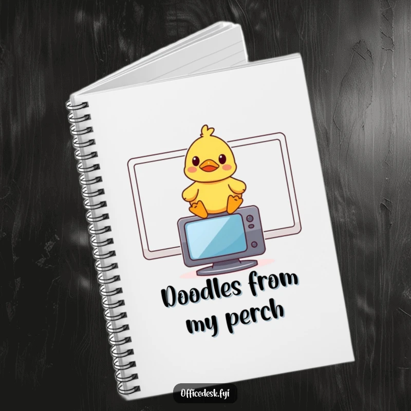 Funny notebook with a small rubber duck sitting on a computer monitor, looking amused.