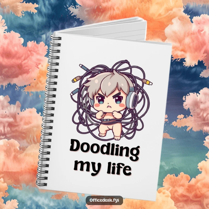 Funny Notebook: A determined character attempting to sort a giant, tangled mess of cables, inspiring creative note-taking.