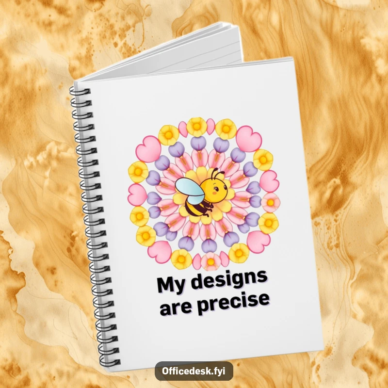 Funny notebook featuring a busy bee arranging flower petals in a perfect geometric pattern, ideal for jotting down meticulously organized creative thoughts.