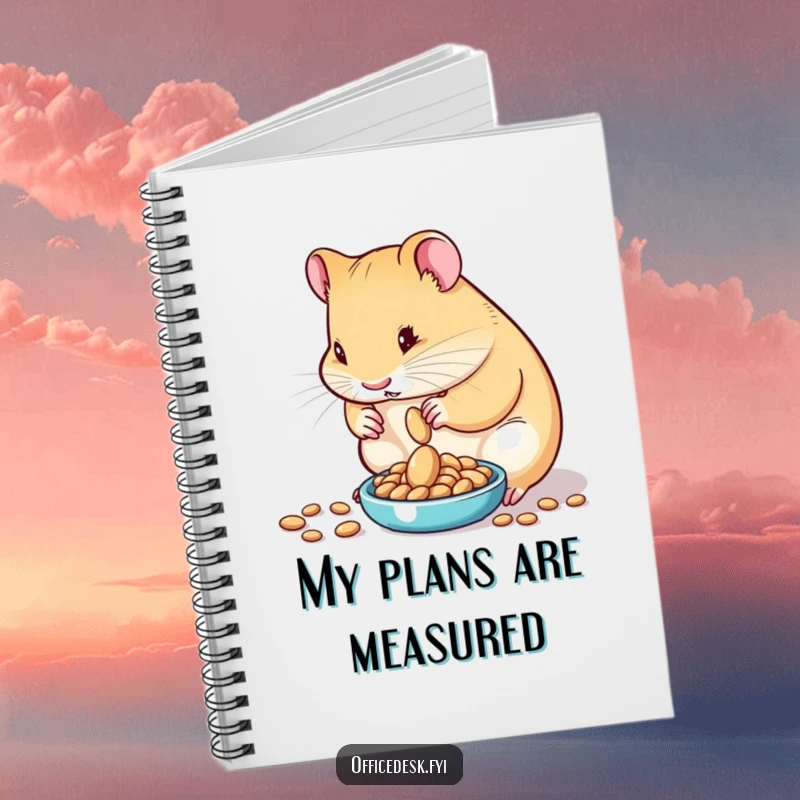 Funny notebook featuring a determined hamster carefully measuring exactly one seed on a tiny scale, ideal for jotting down precisely organized thoughts.