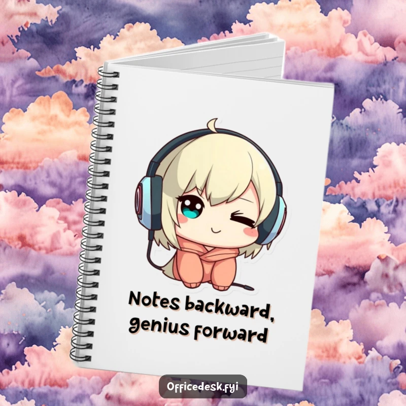 Funny notebook depicting a cute character winking mischievously while wearing headphones backwards, inspiring creative music notes.