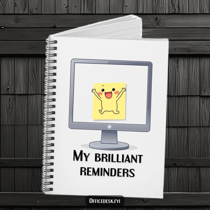 Funny Notebook: A small, happy sticky note character joyfully leaping off a monitor, inspiring creative notes and spontaneous planning.