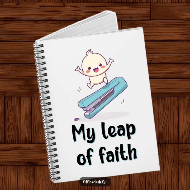Funny Notebook: A small, happy character joyfully leaping over a giant, fallen staple remover, inspiring creative writing.