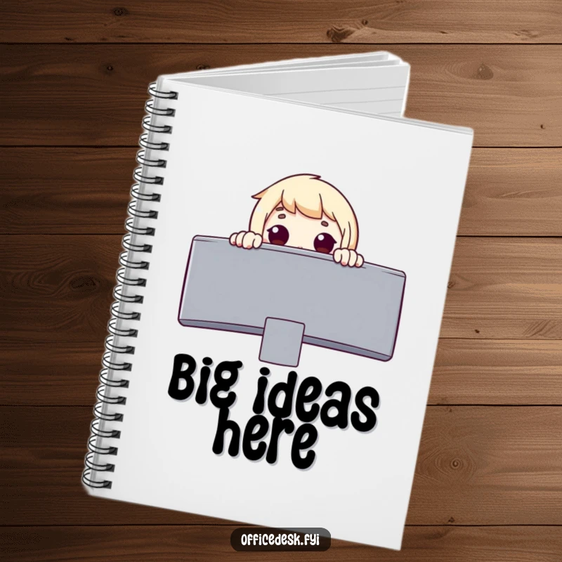 Funny notebook with a surprised character peeking over a giant monitor, designed for jotting down notes filled with wonder.