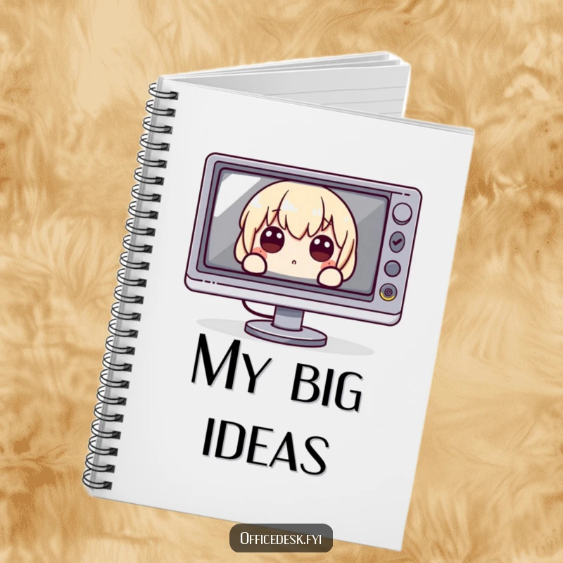 Funny Notebook: A character peeking with wide eyes from behind a huge monitor, a humorous stationery item for tech lovers.