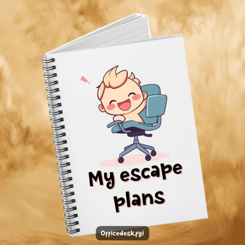 Funny notebook with a smiling character wrestling a runaway office chair, inspiring humorous note-taking.