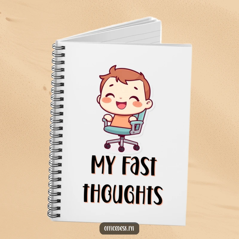 Funny tiny character with a joyful grin, riding a rolling office chair, on the cover of a humorous notebook.