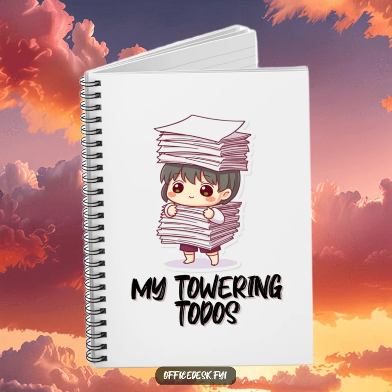 Funny Notebook: A cute character with great concentration balances an overflowing stack of papers, perfect for notes.