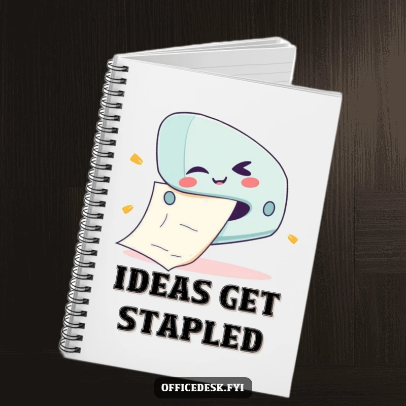 Funny notebook with a cute stapler character with a mischievous wink, jamming a giant paper.