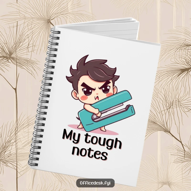 Funny character determinedly wrestling a giant stapler, on the cover of a humorous notebook for determined thinkers.